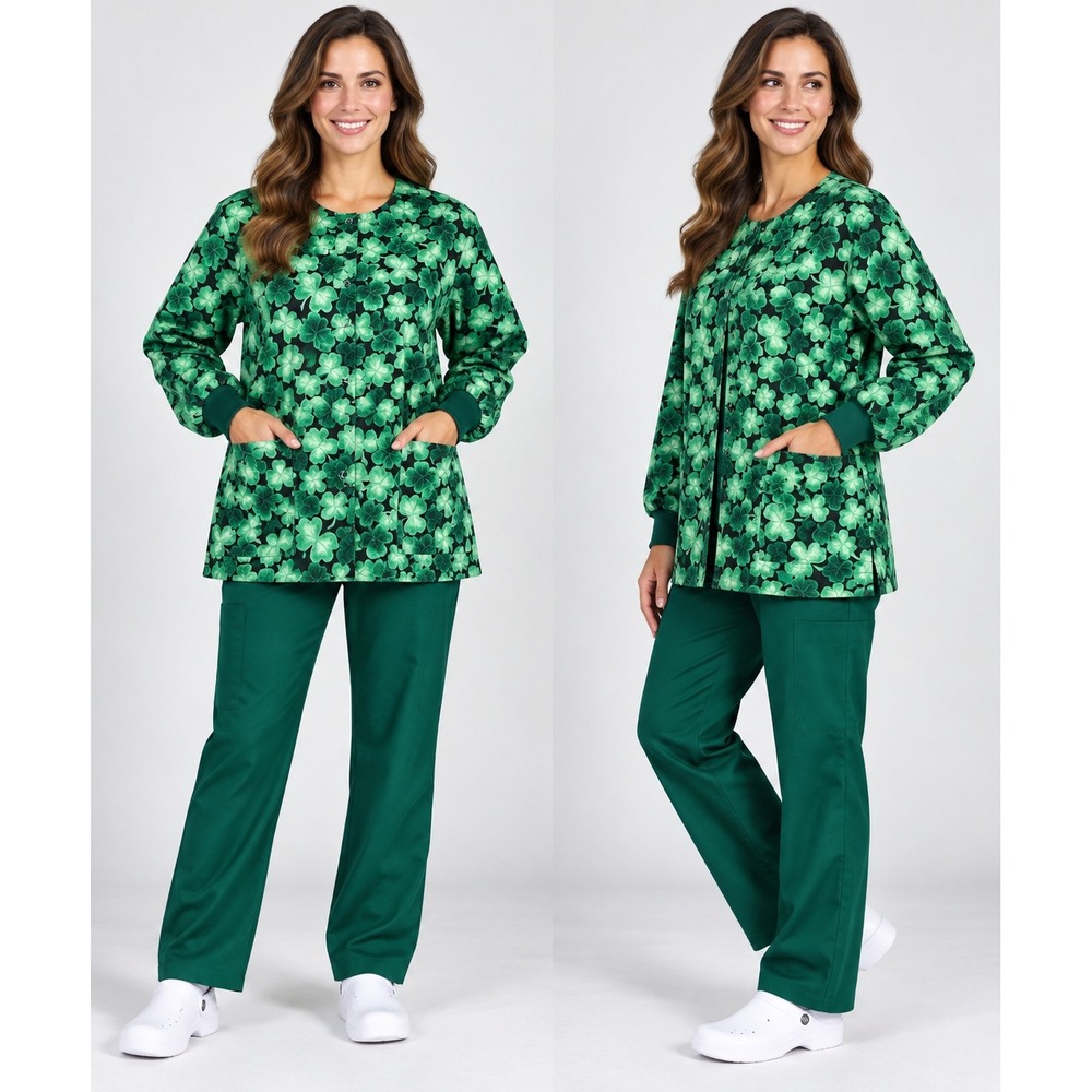 Tafford Scrub Jacket XL Green Shamrock Clover St Patricks Day Snap Front Warm Up